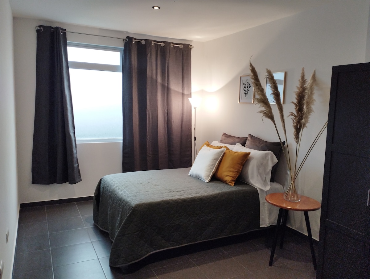 A cozy bedroom features a spacious bed topped with textured pillows and a warm-toned throw. Natural light filters through sheer curtains, illuminating the room. A decorative mirror and a slender plant add character, while a wooden side table complements the neutral color palette.