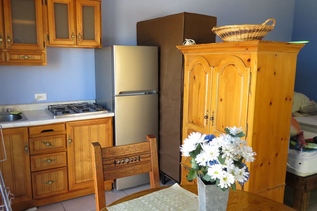 Kitchen has a full sized fridge and stove top as well as many small appliances.