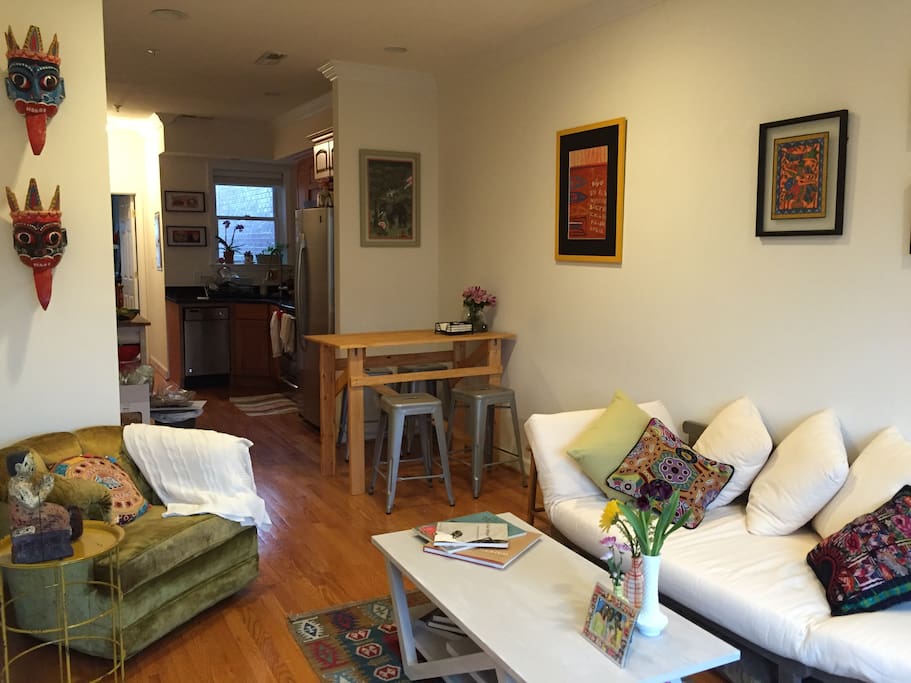 Open kitchen, high table seats four