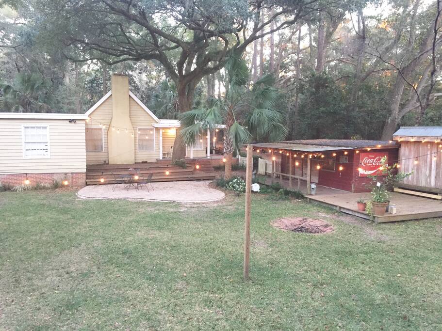 Back yard with cafe lights