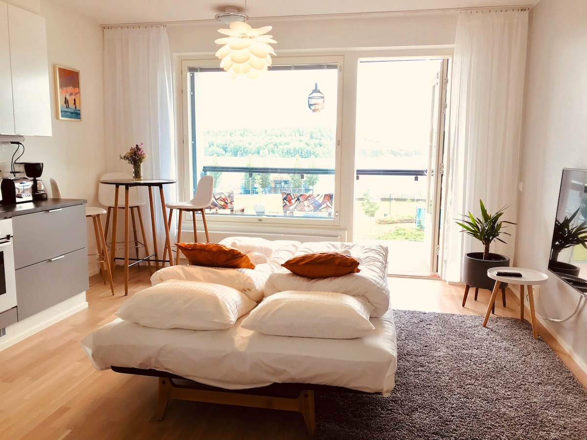 A spacious living area features a pull-out bed adorned with fluffy white bedding. A small dining table with two stools is positioned nearby, complemented by a potted plant. Large windows provide natural light and a view of the lake, framed by sheer white curtains.