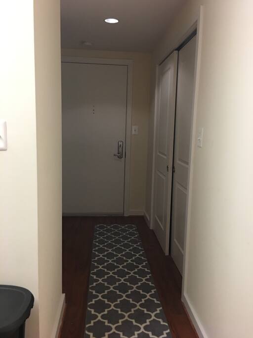 Hallway with closet to include iron, small ironing board, vacuum and shopping cart.