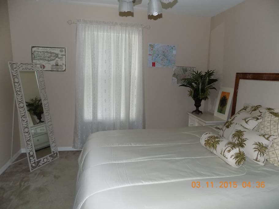 Large private bedroom with ceiling fan, private bathroom next to bedroom and private loft, with small refridge.