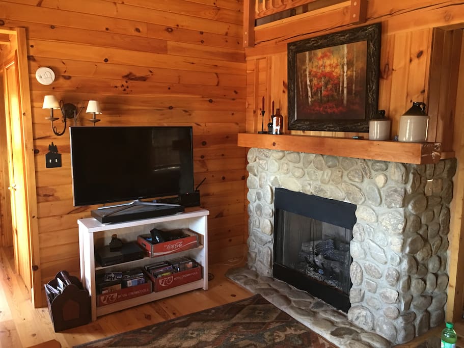 Living room with TV, DVD player and fireplace.