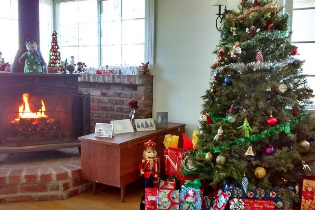 Christmas with a fire in our pot-bellied fireplace.
