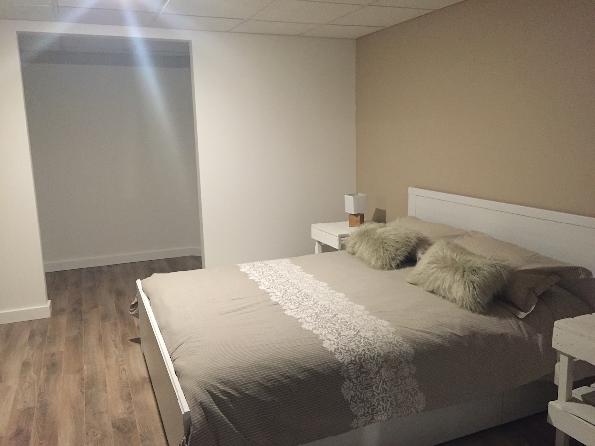 A spacious bedroom features a large bed covered with a neutral-colored blanket and soft decorative pillows. Flanking the bed are two nightstands. A closet space can be seen in the background, with wooden flooring enhancing the room's simplicity.