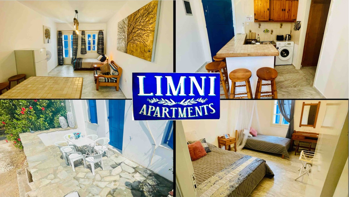 A collage displays the inviting living and sleeping areas of the apartment. A spacious kitchen is shown with wooden accents and modern appliances. An outdoor patio is highlighted with white furniture, and a cozy bedroom features a neatly made bed alongside natural light from the window.