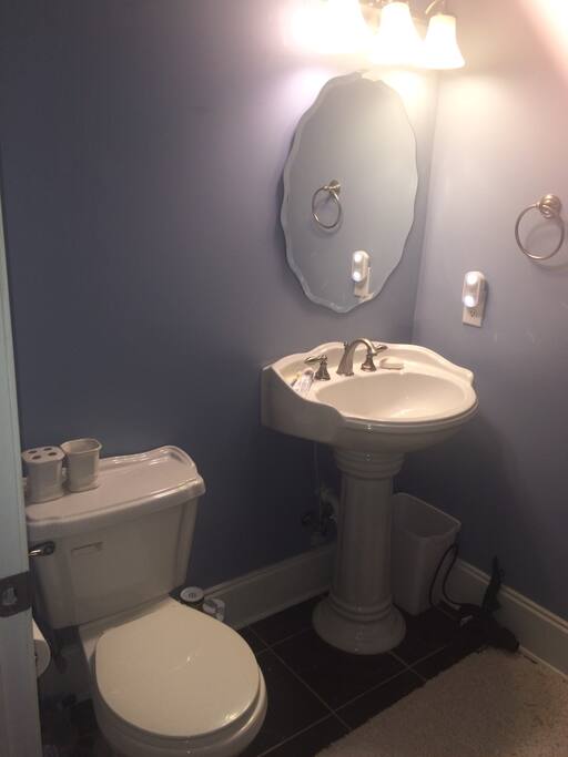 Private toilet, sink, vanity, and shower