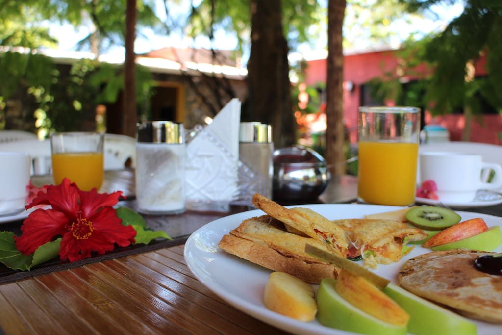 Freshly made breakfast in the garden