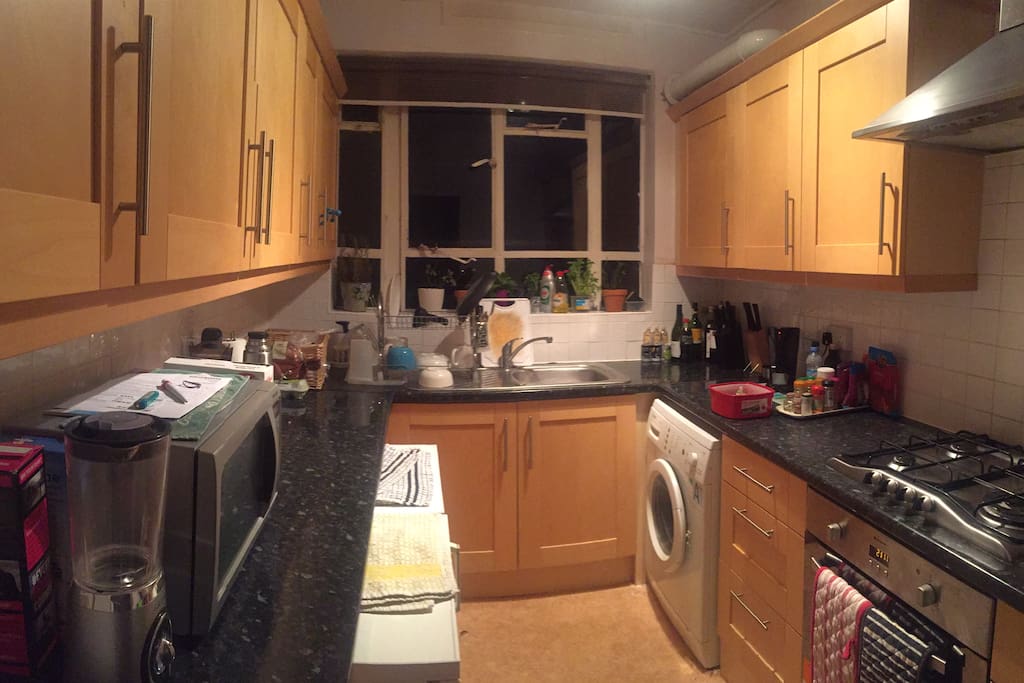 Fully equipped kitchen with Freezer, Fridge, Washing machine, Microwave, Blender, Over, toaster.