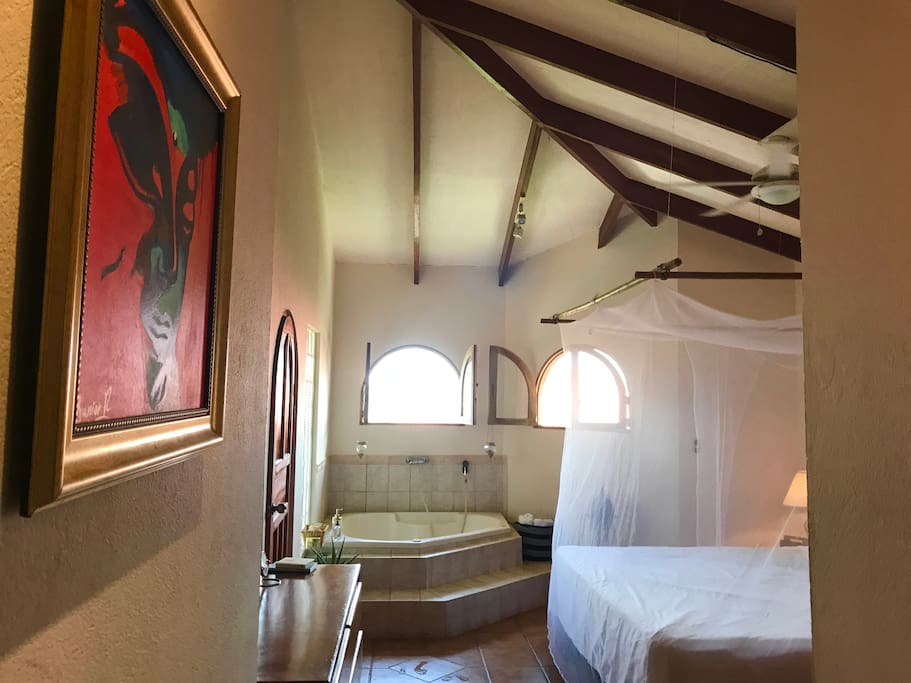Master bedroom has high ceilings and a dreamy king-sized canopy bed.