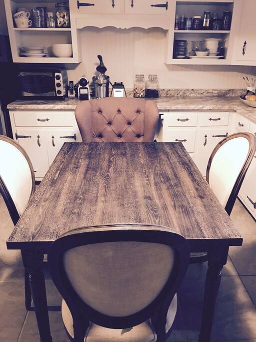 Large table can seat up to 6 but roomy for 4