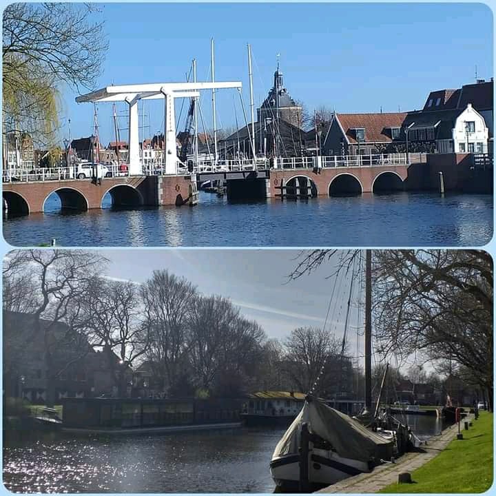 A river setting is captured with a bridge structure overhead, framed by buildings along the waterfront. In the lower section, a sailing vessel is docked alongside tree-lined banks, evoking a serene atmosphere with clear skies and soft sunlight illuminating the scene.