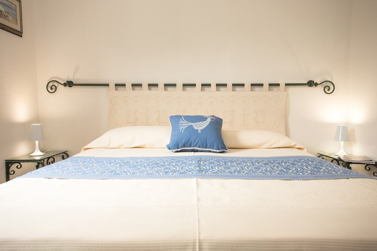 A spacious bed is dressed in neutral tones with a decorative blue throw blanket and a blue accent pillow featuring a subtle design. Soft bedside lamps provide gentle illumination, and an iron headboard adds a touch of elegance to the room.