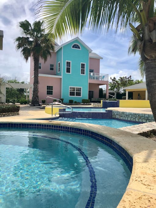 The two pools just outside our home are perfect for families! One pool is 5 feet deep, while the other is a kiddie pool and is only 2 feet deep.
