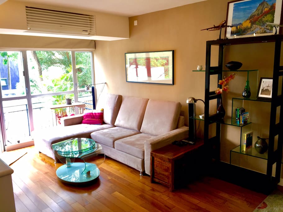 Living room. Sofa faces open kitchen, windows to balcony.