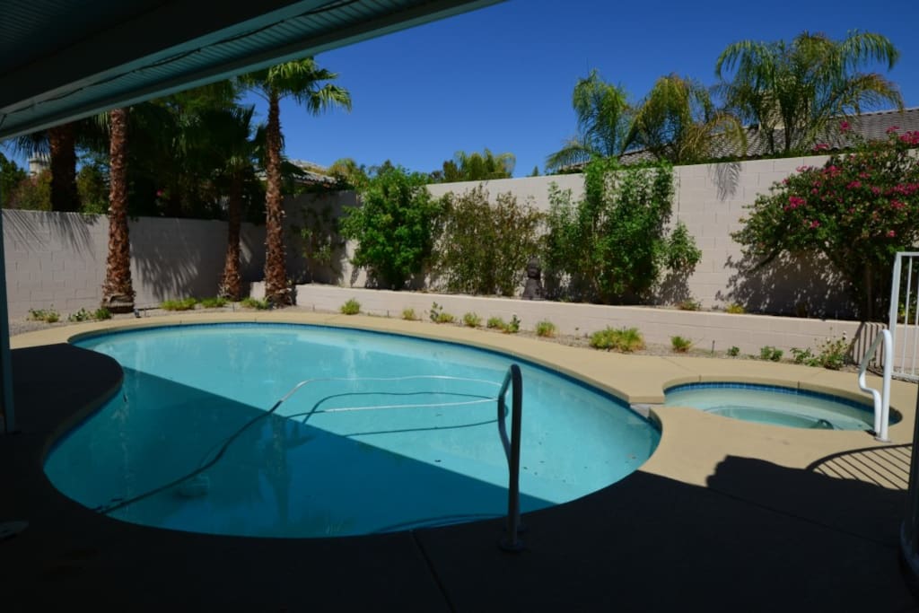 Pool and Spa outdoor Barbeque eating area and shaded patio.