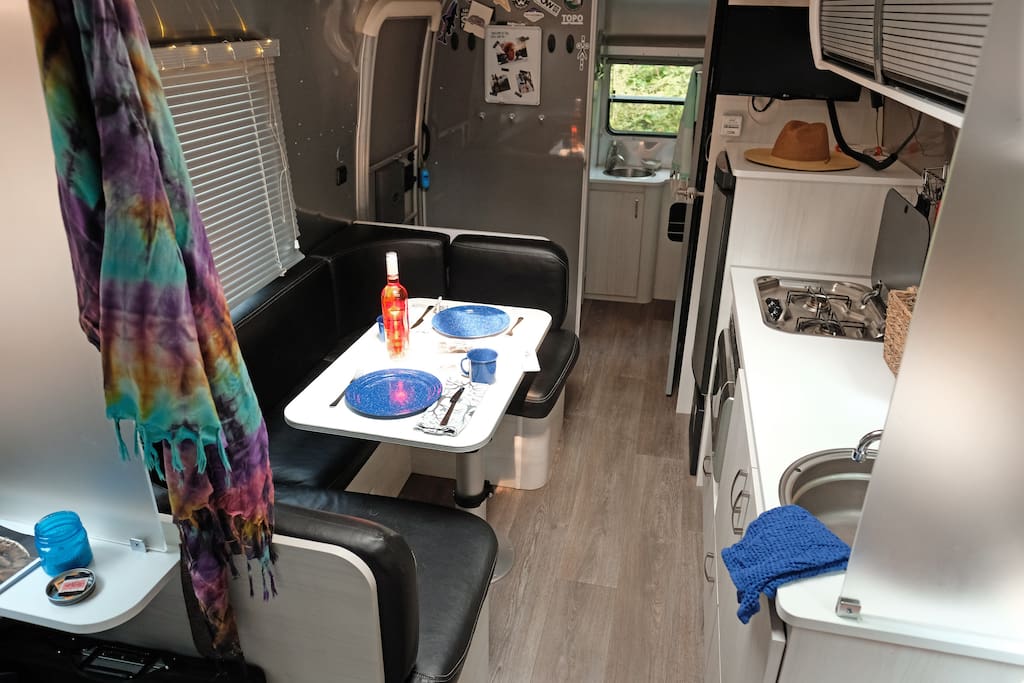 Dinette seats 4 comfortably, and morphs into a small bed for kids or dogs.