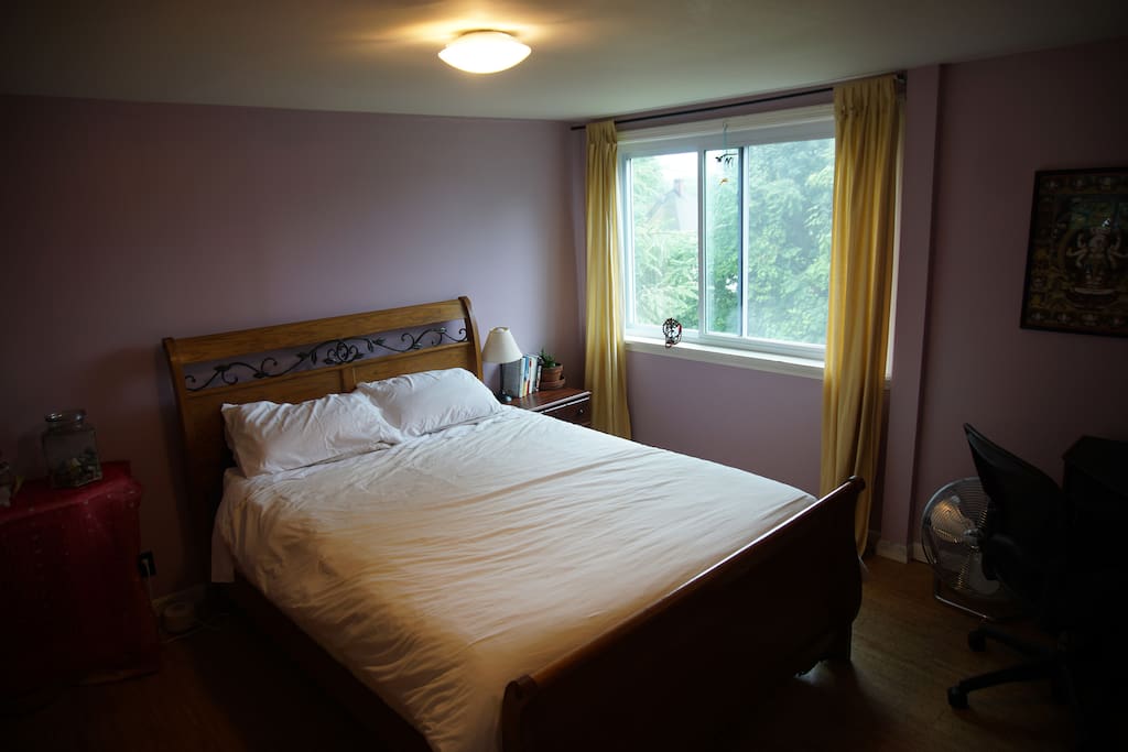 Beautiful views of treetops from large bedside window