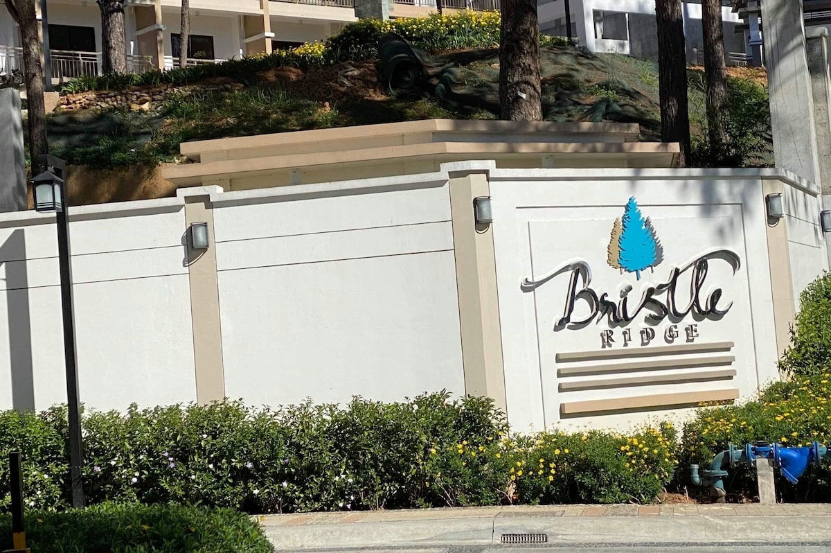 The entrance sign of Bristle Ridge is displayed prominently, featuring the property's name in stylized lettering. Surrounding the sign are well-maintained green shrubs and yellow flowers, creating a welcoming impression for guests. The backdrop includes a landscaped hill with trees.