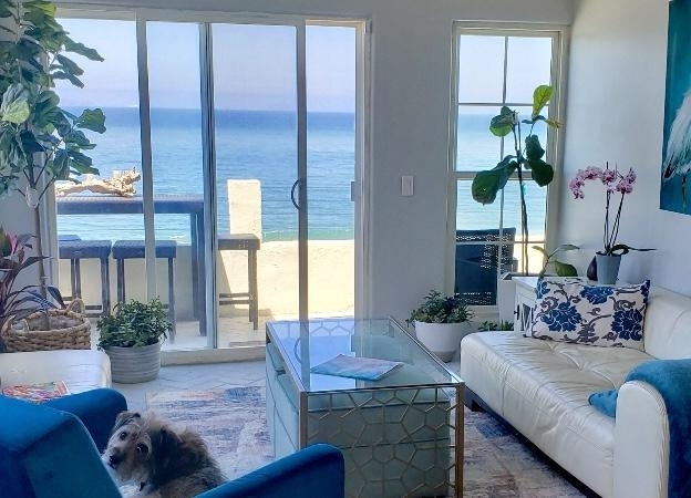 A bright living area features large sliding glass doors that open to a balcony, revealing ocean views. Comfortable seating is arranged around a glass coffee table, with a rug beneath. Potted plants add a touch of greenery, enhancing the space's natural light.