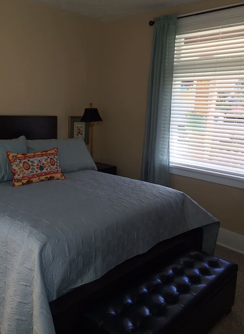 In warm weather, blankets on the bed are soft, breathable cotton. In cooler weather, a high quality wool blanket from Faribault Woolen Mill Co. lends a comfortable weight and warmth.