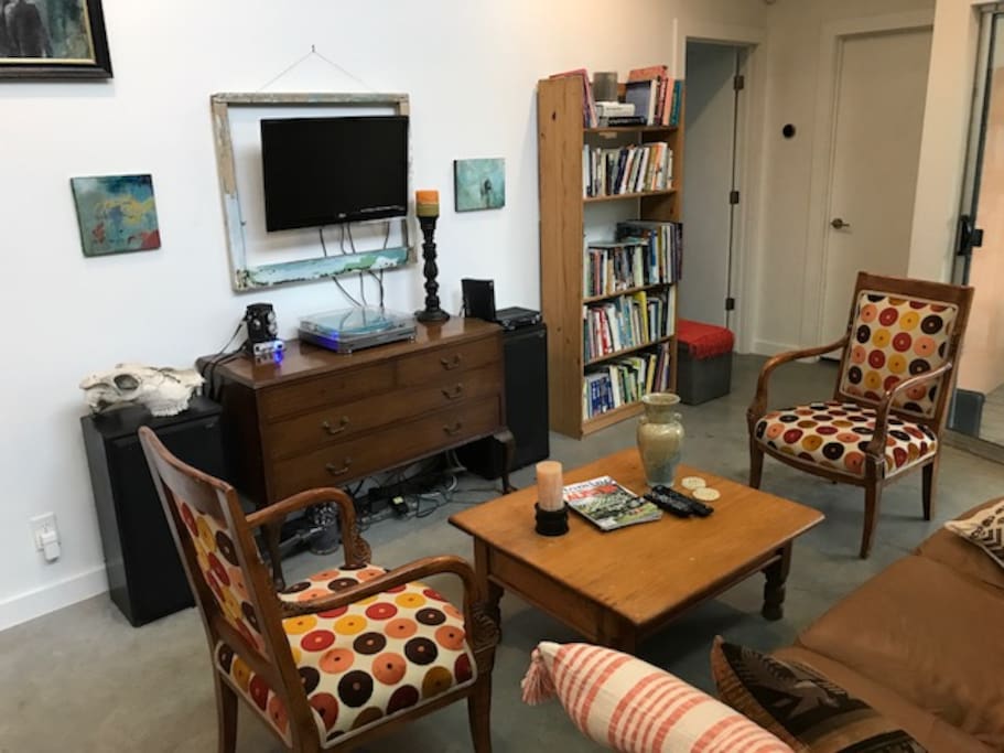Netflix, Apple TV, record player and records