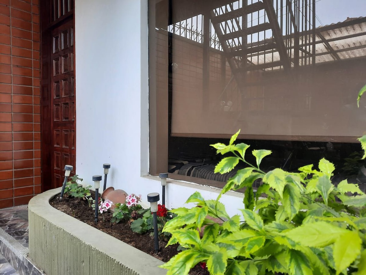 A garden area features landscaped plants and flowers, complementing the exterior of the building. Low lights are placed along the edge of the flowerbed, and a large window provides a view of the interior, reflecting the surrounding environment.