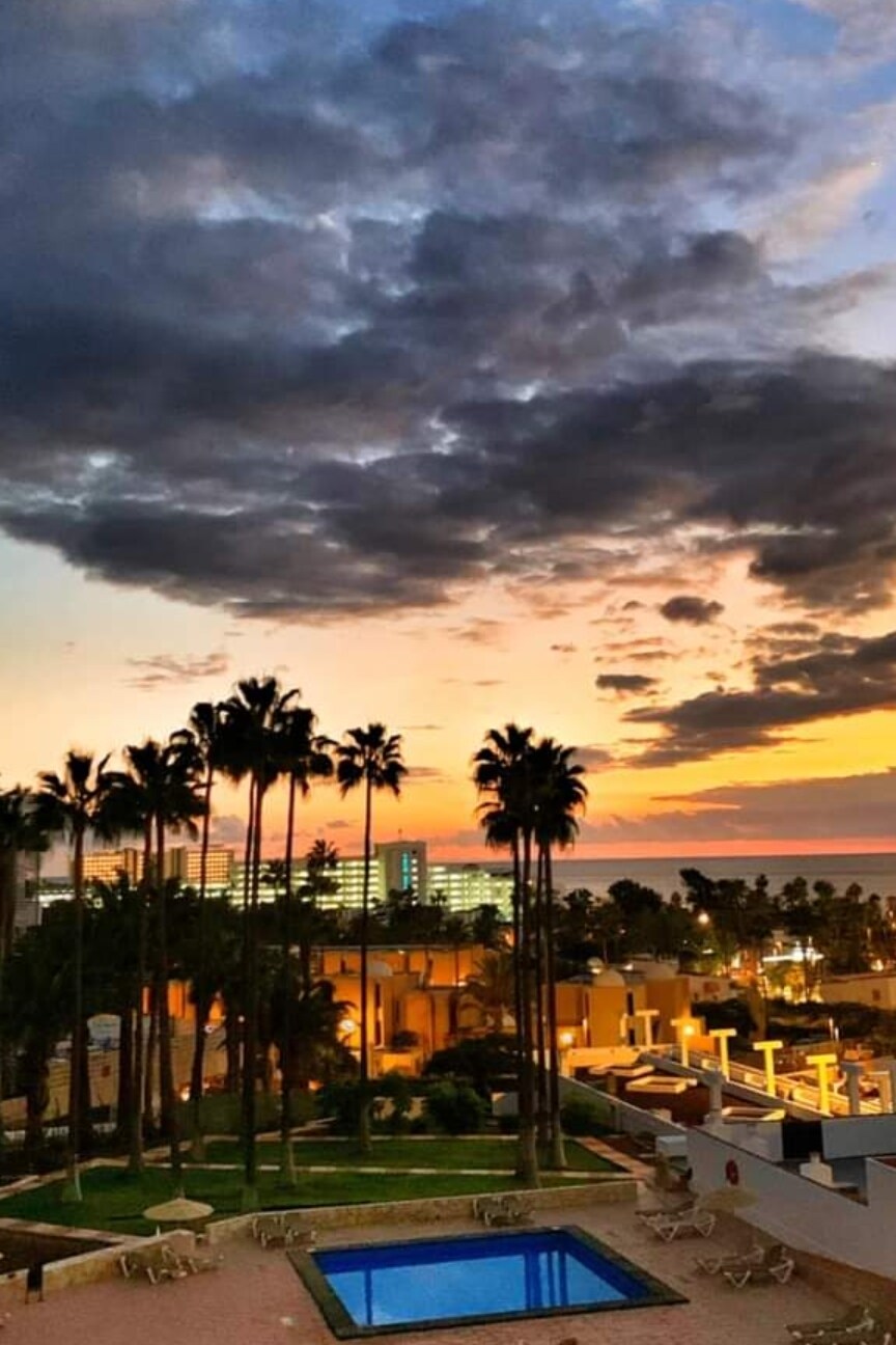 A view of the sky during sunset displays vibrant hues of orange and purple, framed by tall palm trees. A tranquil pool reflects the colors, while distant buildings are softly illuminated. The scene invites relaxation, with a landscaped area visible in the foreground.