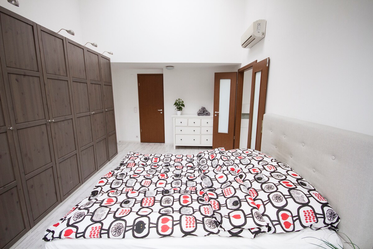 1号卧室位于一楼，配有卫生间和带衣架的大衣柜。