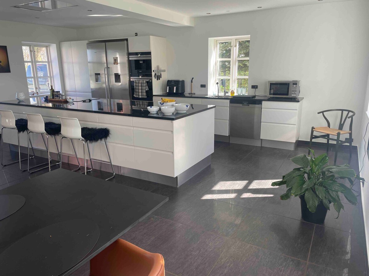 A modern kitchen features sleek white cabinetry and a large central island with seating. Stainless steel appliances are visible, along with ample counter space. Natural light fills the room through multiple windows, illuminating the dark tile floor and a potted plant in the corner.