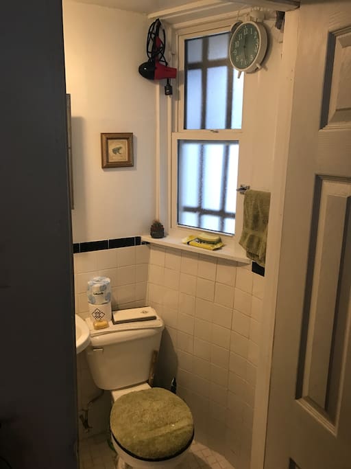 Bathroom window has privacy glass, shampoo, soap and other essentials.