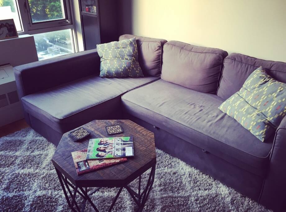 Living Room area with L-Shaped couch that also converts into a 2nd bed
