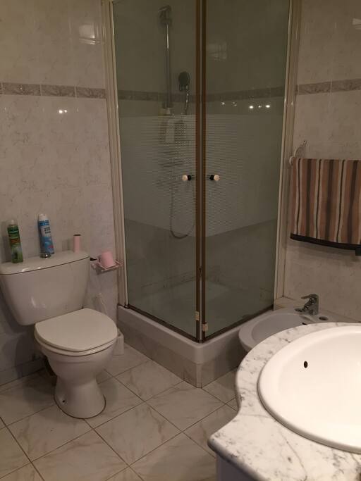 Grande salle de bain avec douche, lavabo, bidet et WC. serviettes de toilette fournies.