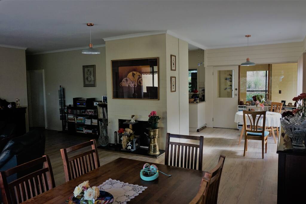 Spacious living room with two dining areas