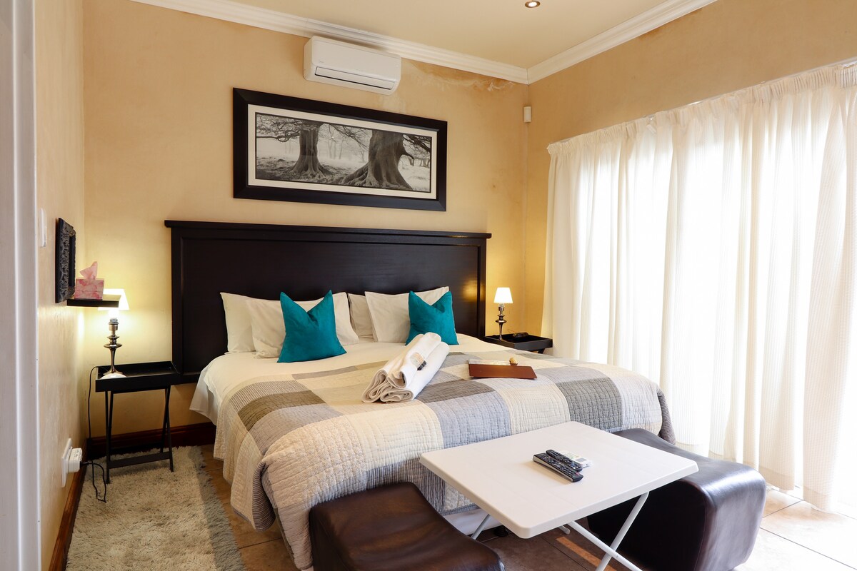The studio apartment features a spacious bed dressed in neutral tones accented by vibrant blue cushions. A stylish artwork hangs above the headboard. Two bedside lamps provide soft illumination, and natural light floods in through the large sheer-curtained window.