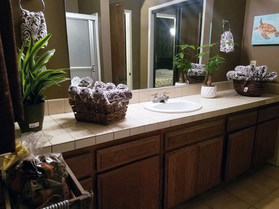 Your own Private bathroom with a Super-wide counter top and nice Floral Design.