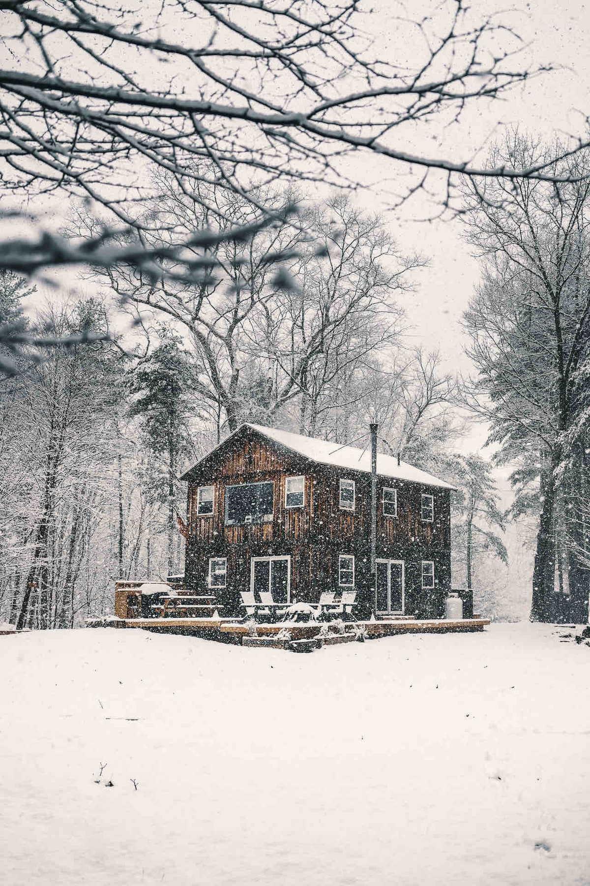A charming wooden cottage is nestled among tall trees, lightly covered in snow. The two-story structure features large windows and a spacious deck, with minimal outdoor furniture visible. The tranquil winter landscape is enhanced by softly falling snowflakes and a blanket of snow on the ground.