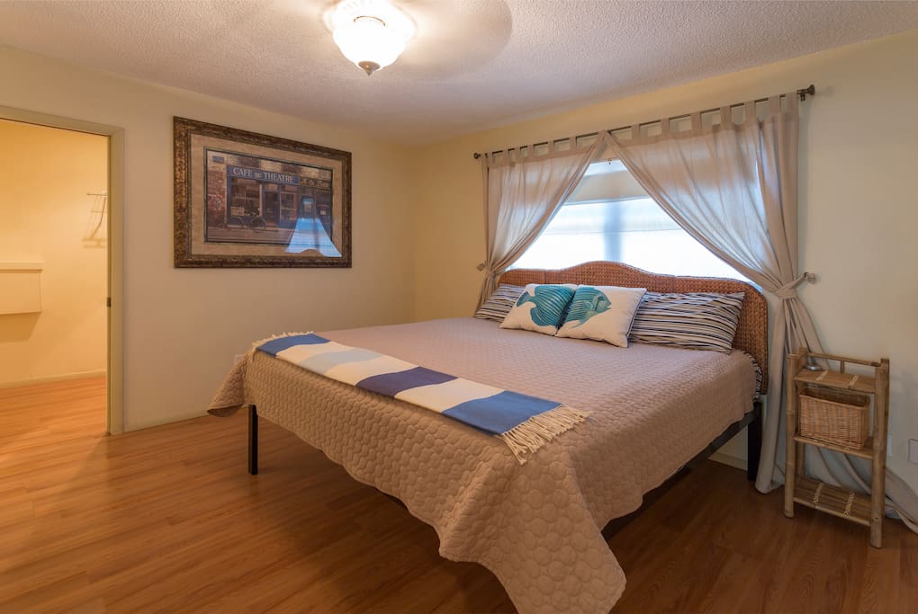 Master bedroom with a king size bed and large walk in closet.