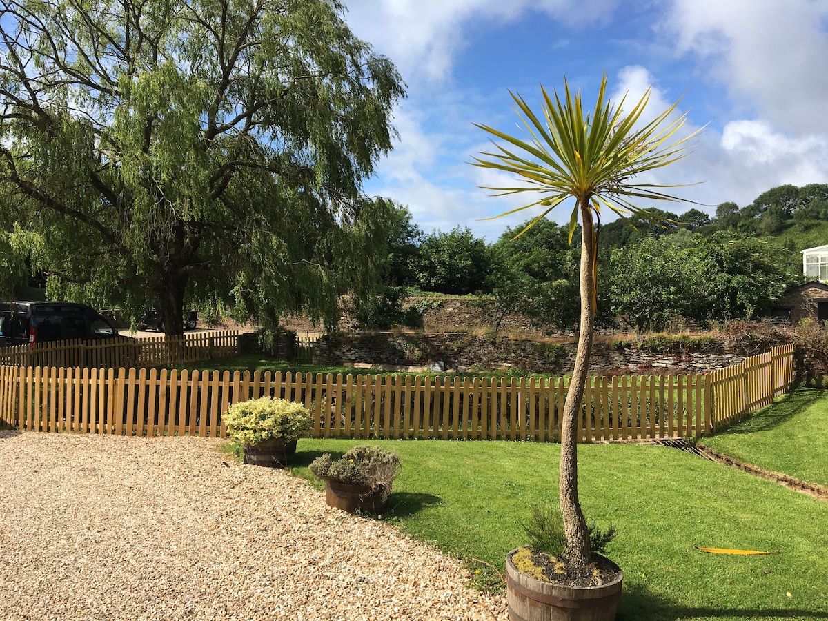 A view of a landscaped area featuring a lush green lawn bordered by a low wooden fence. A decorative palm tree stands in the foreground, while a stone path leads toward the background, where trees and shrubs are visible against a partly cloudy sky.