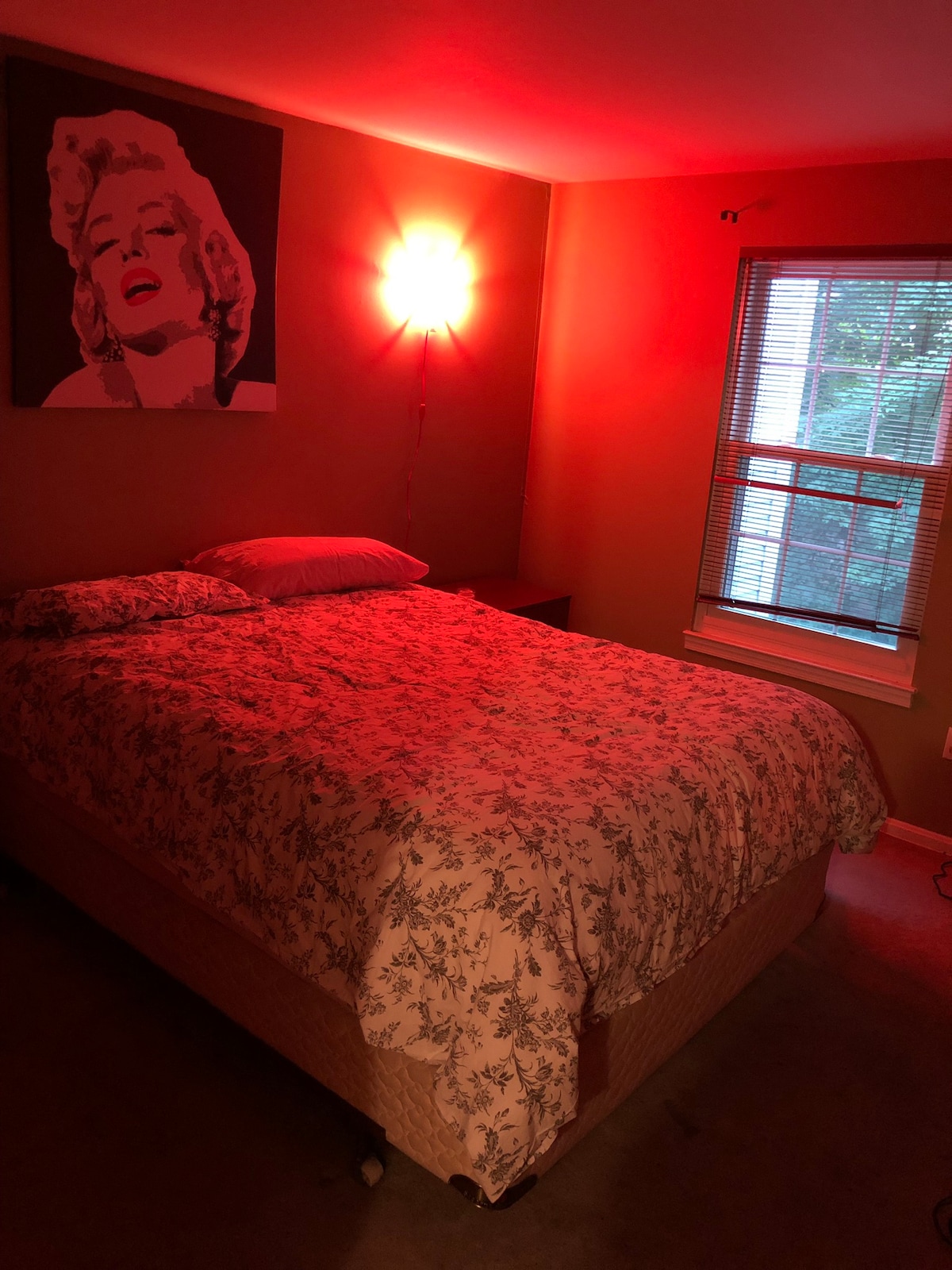 A softly lit bedroom features a spacious bed dressed in floral bedding. A vibrant artwork hangs on the wall above the bed, complemented by a wall-mounted light casting a warm glow. A window allows natural light to enter, adorned with blinds.