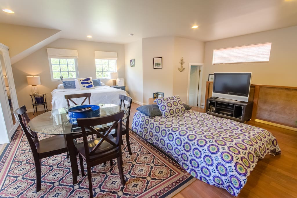 Couch folds down into a full bed, cozy for two or roomy for one!