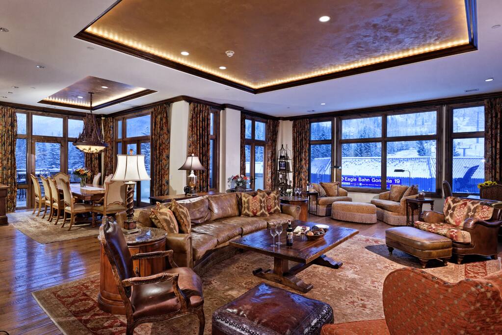 High tray ceilings and feature lighting add warm ambiance to your own chalet.