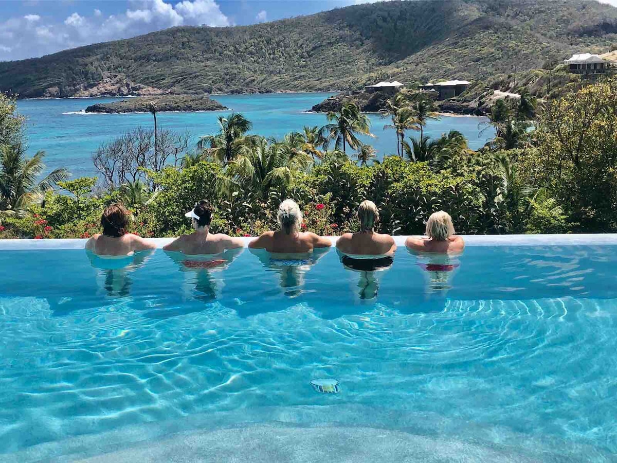 A group of five individuals enjoys the refreshing infinity pool, overlooking the vibrant blue sea. Lush greenery frames the scene, with distant hills this side of the tropical coastline. The pool's edge blends seamlessly with the horizon, creating a serene atmosphere.