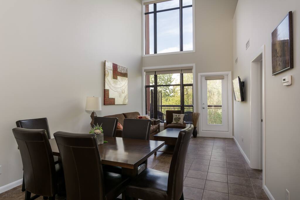 Dining area seats six.