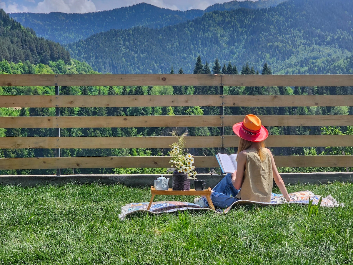 A serene outdoor space features a woman sitting on a blanket, reading a book. A small table holds a flower arrangement, and a mountainous landscape with green trees is visible in the background. A wooden fence frames the scene, enhancing the tranquil setting.
