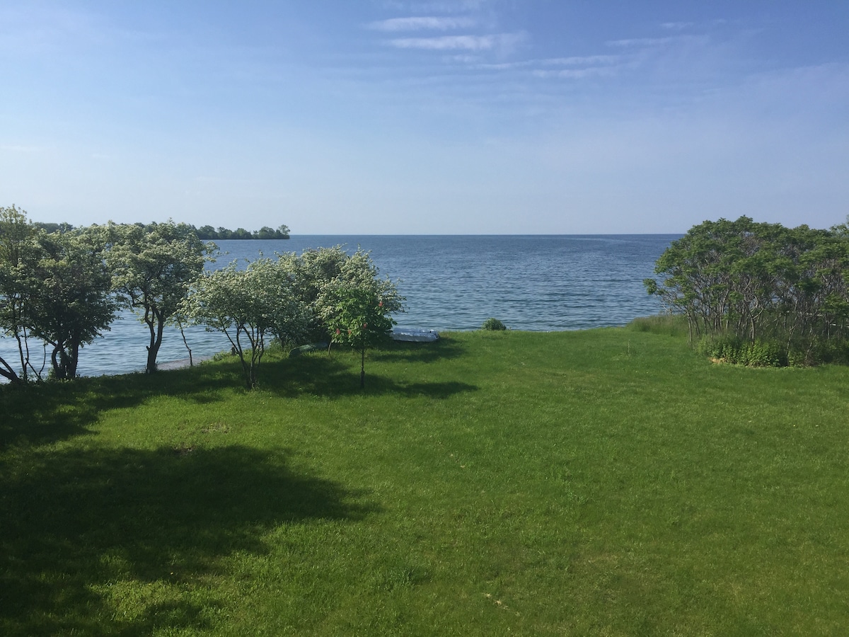 A serene view of the waterfront showcases a lush green lawn bordered by trees. The calm water extends towards the horizon, reflecting the clear blue sky. A small boat is visible near the shore, complementing the peaceful outdoor setting.