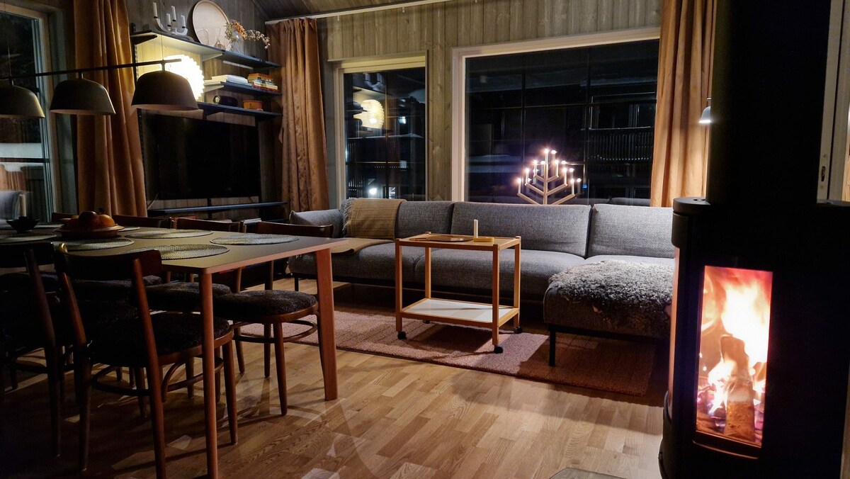 An open-plan living area features a spacious gray sofa and a wooden dining table with multiple chairs. A cozy wood-burning stove adds warmth, while large windows provide views of the surroundings. Soft lighting creates an inviting ambiance throughout the space.