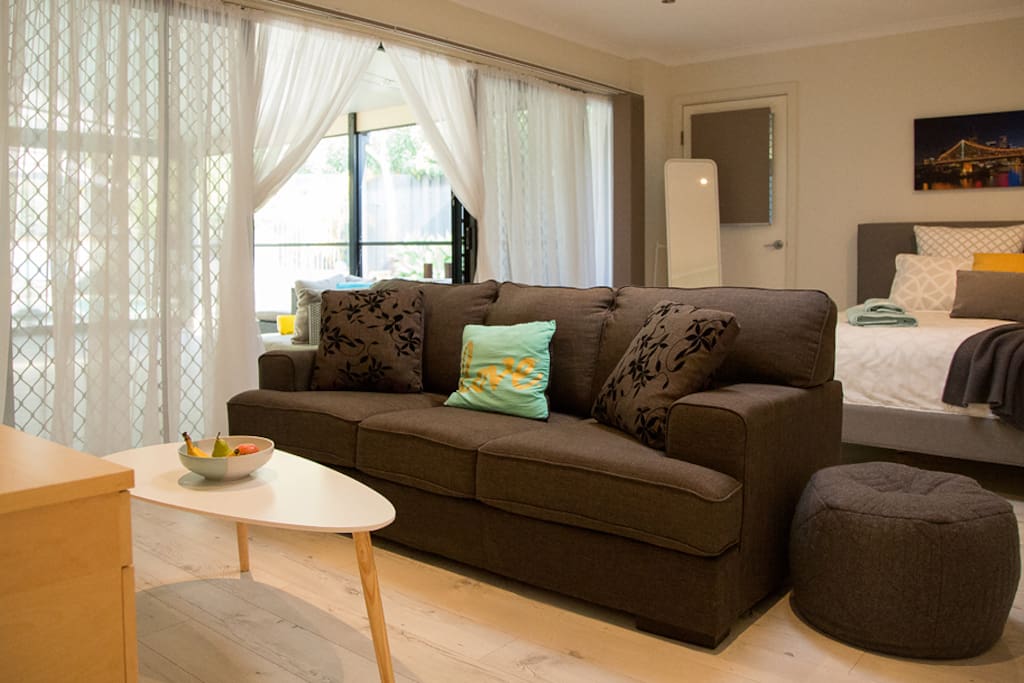 Sitting area. Sofa folds out to a double bed.