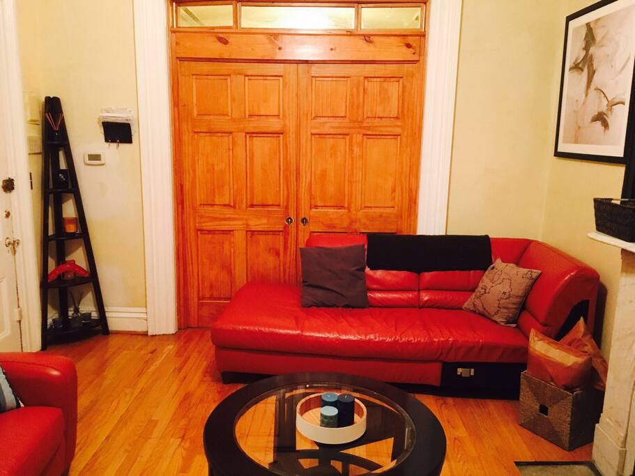 In wall sliding French doors that leads to the pool room. Chaise lounge can also sleep 1.